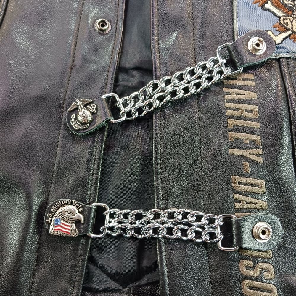 Harley-Davidson Men's Black Leather Biker Vest - Patches & Pins, USMC Veteran L. - Picture 12 of 16
